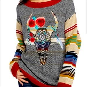 Free People Embroidered Longhorn boho Sweater XS